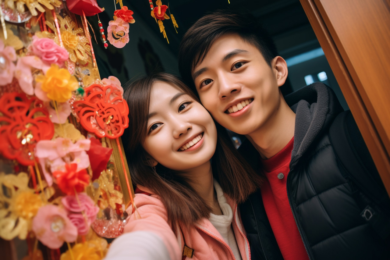 A photo of a young asian couple taking a selfie in front of their door, decorated with spring festival couplets, happy new year image