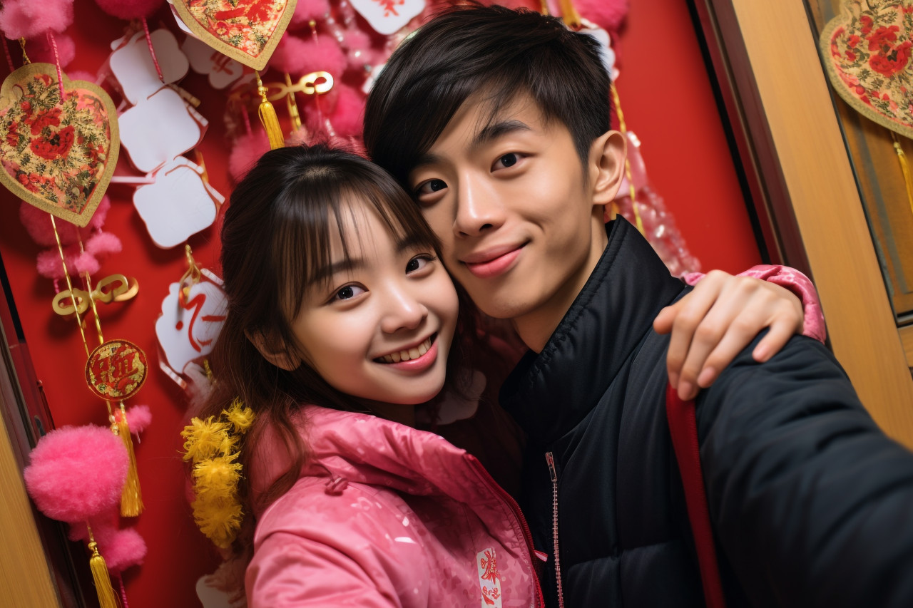 A photo of a young asian couple taking a selfie in front of their door, decorated with spring festival couplets, happy new year image