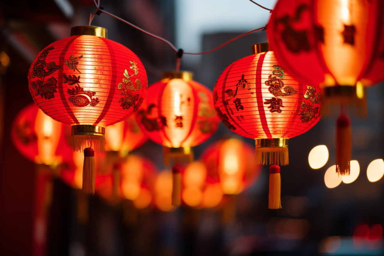 A photo of traditional chinese new year lanterns in chinatown, happy new year image