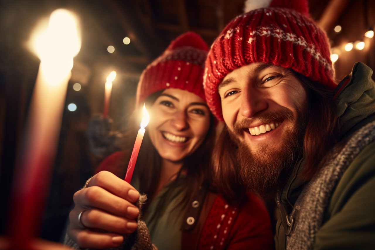 A happy couple wearing knitted hats and smiling at each other, happy new year image