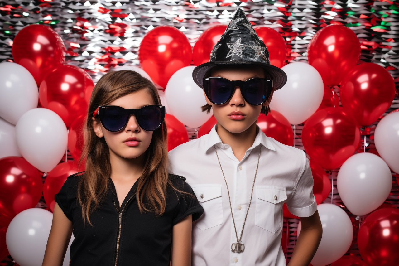 A picture of a new years party girl and boy standing in front of a white wall with balloons, happy new year image
