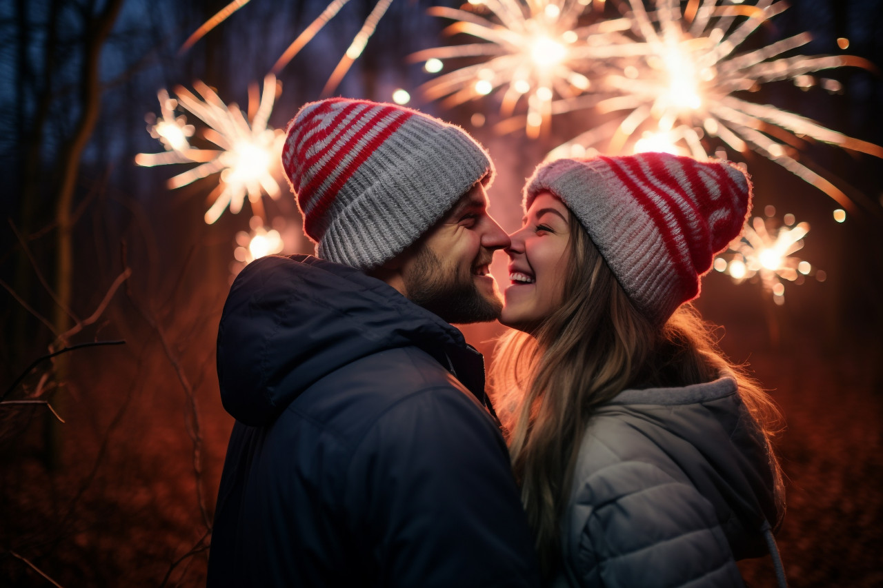 Two people are standing in a forest on new years, happy new year image