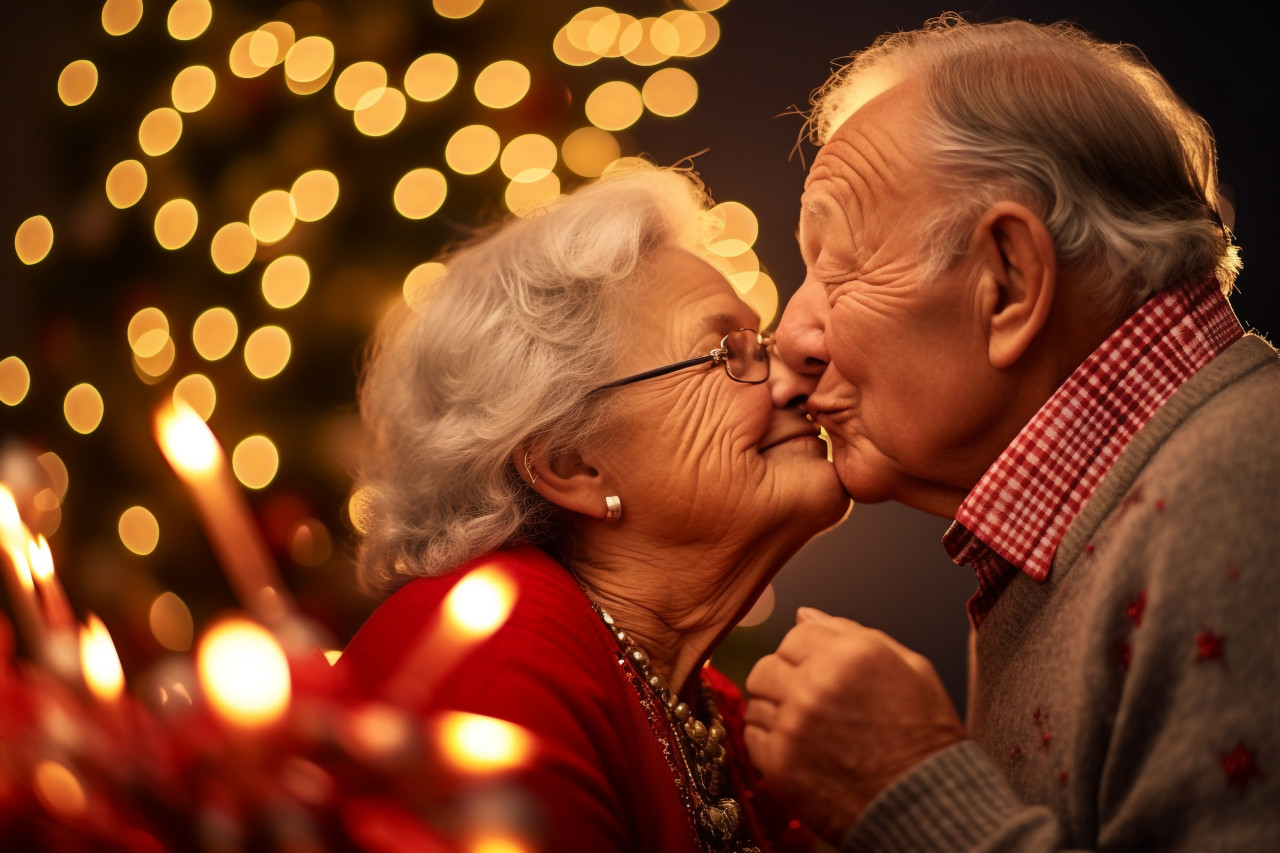 A photo of an elderly couple kissing affectionately while celebrating christmas with lights and a christmas tree in the background, happy new year image