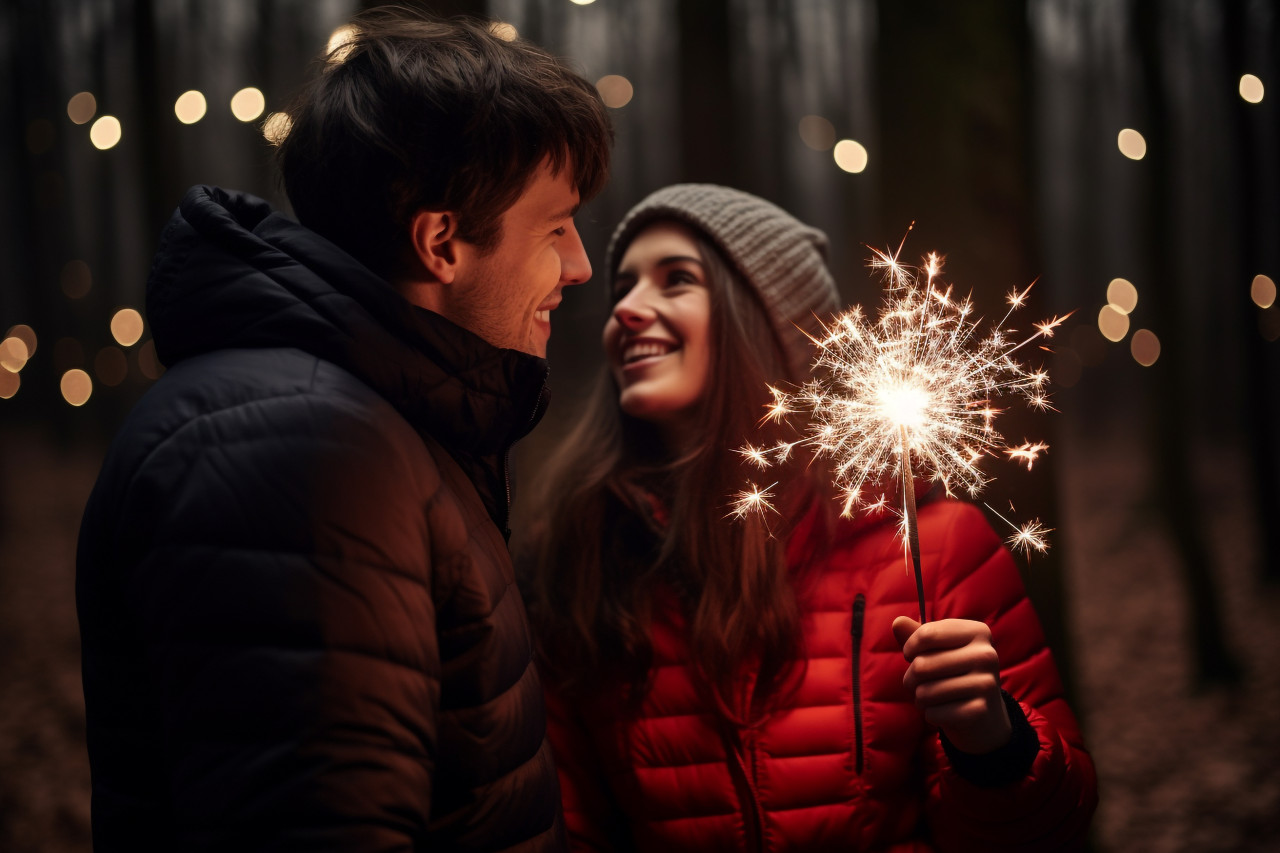 Two people are standing in a forest on new years, happy new year image