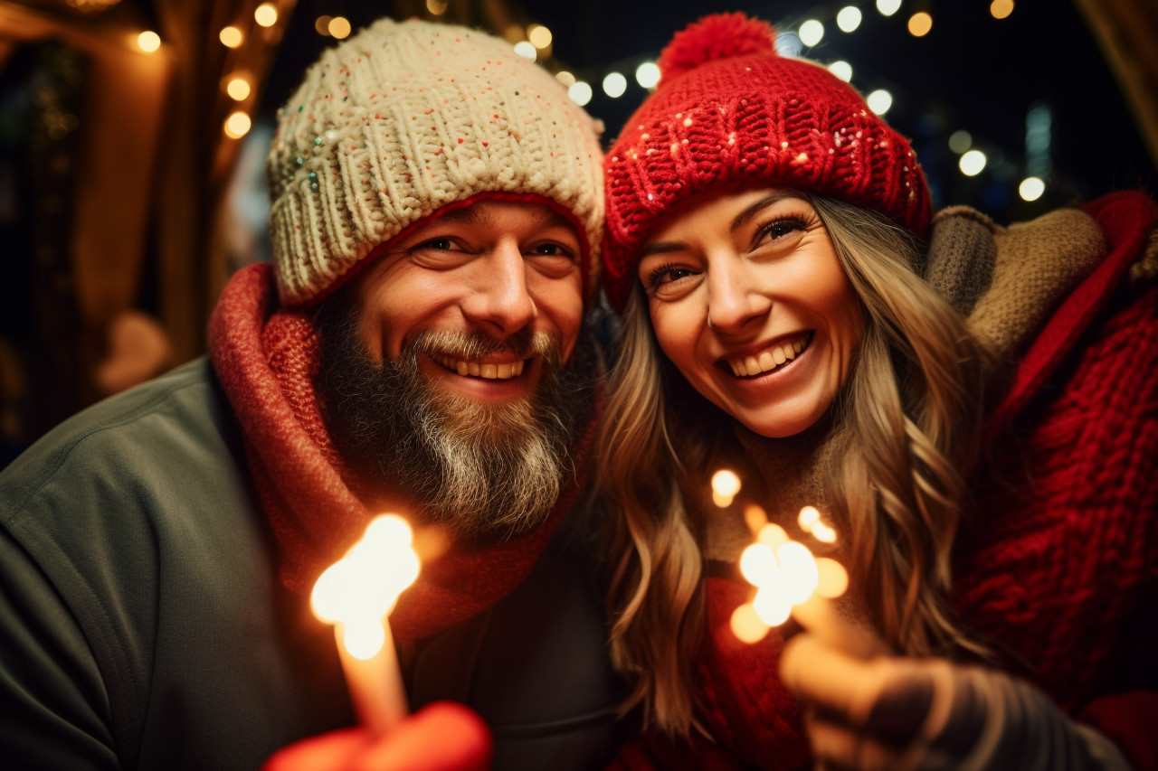 A happy couple wearing knitted hats and smiling at each other, happy new year image