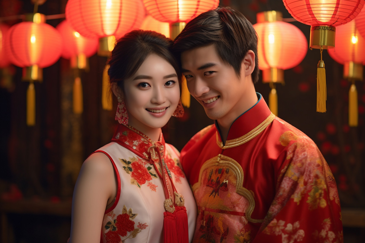A photo of a young man and woman in traditional lunar new year clothes, holding paper lanterns, happy new year image