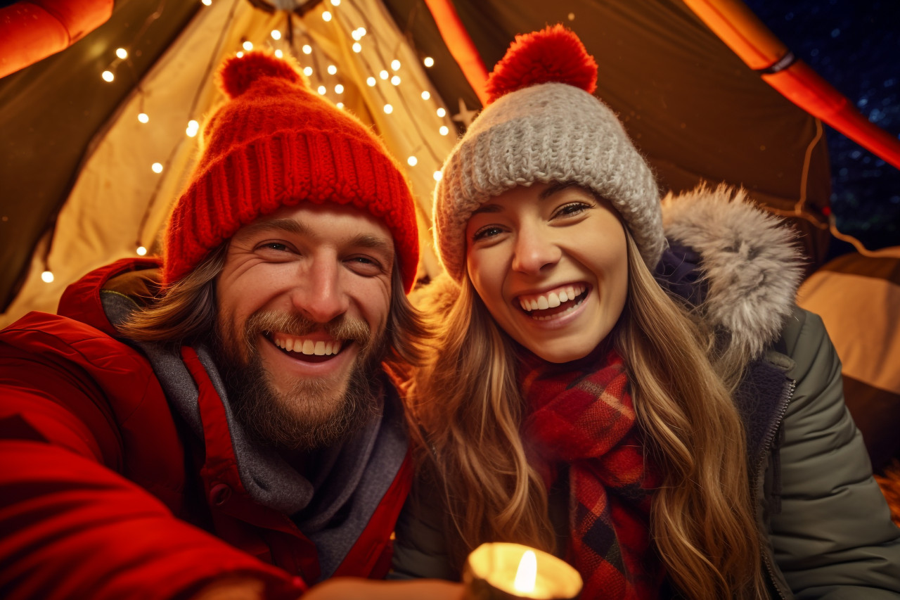 A happy couple wearing knitted hats and smiling at each other, happy new year image