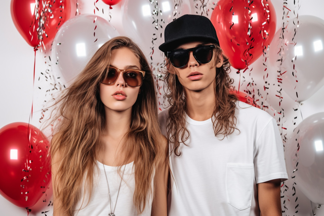 A picture of a new years party girl and boy standing in front of a white wall with balloons, happy new year image