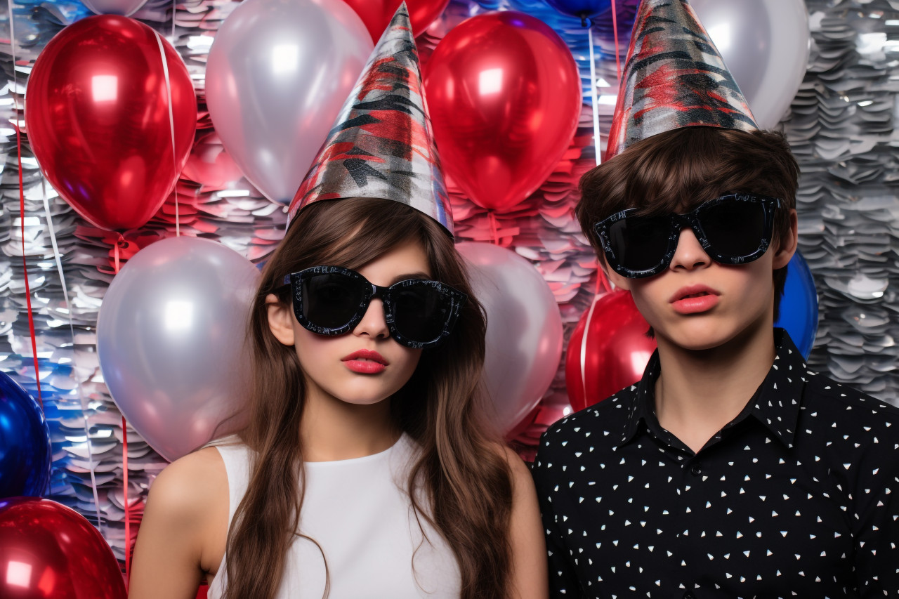 A picture of a new years party girl and boy standing in front of a white wall with balloons, happy new year image