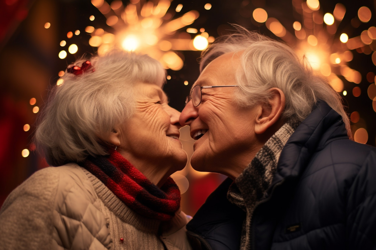 A photo of an elderly couple kissing affectionately while celebrating christmas with lights and a christmas tree in the background, happy new year image