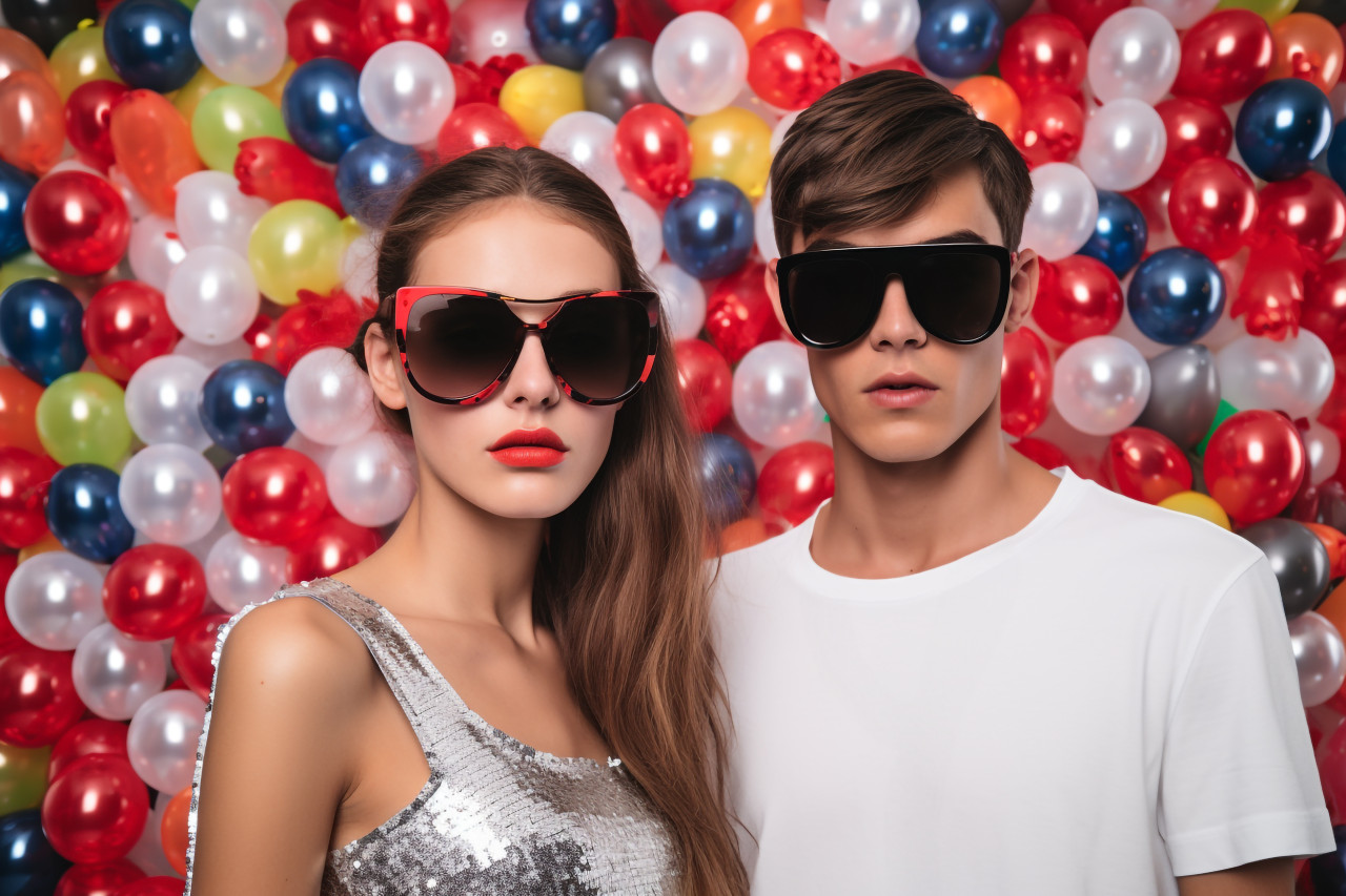 A picture of a new years party girl and boy standing in front of a white wall with balloons, happy new year image