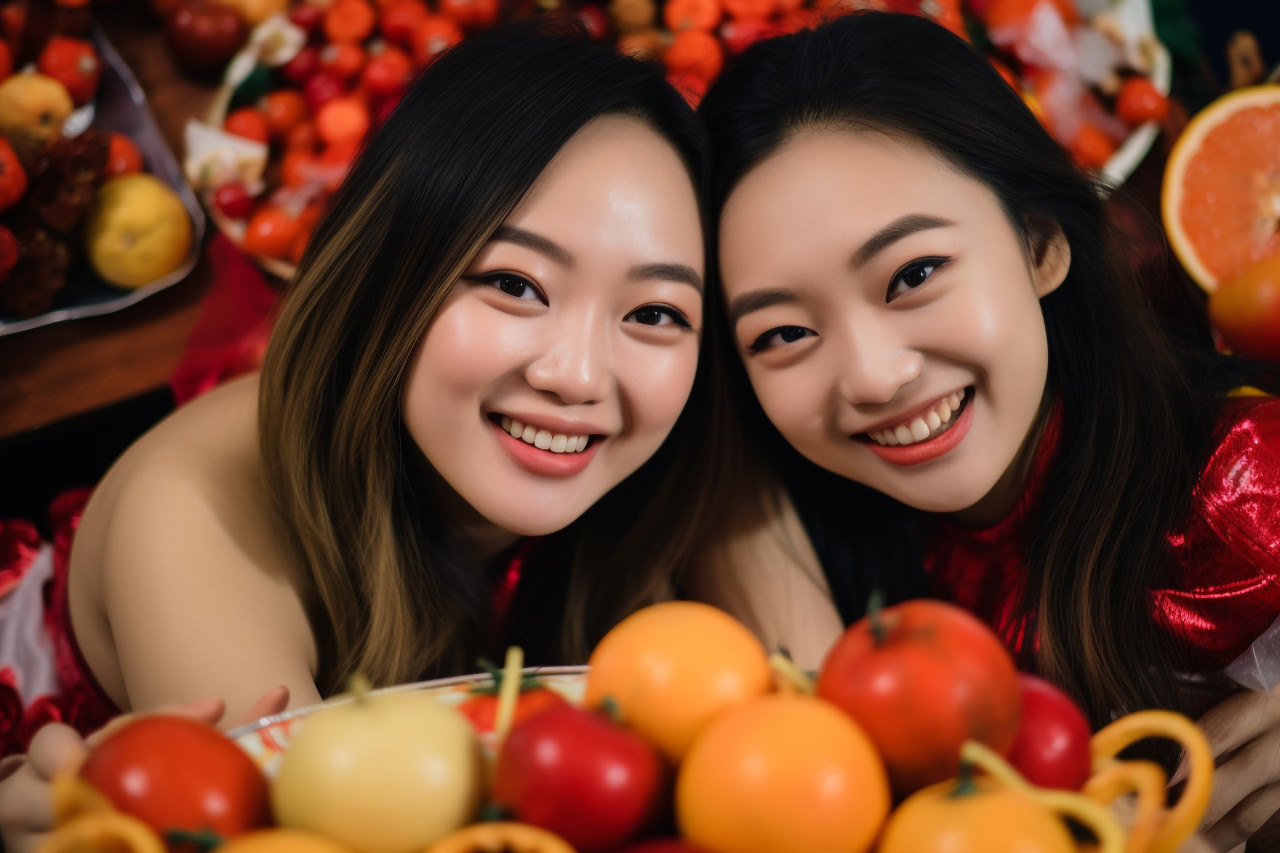 A photo of two happy asian girls celebrating chinese new year with a congratulatory gesture, happy new year image hd
