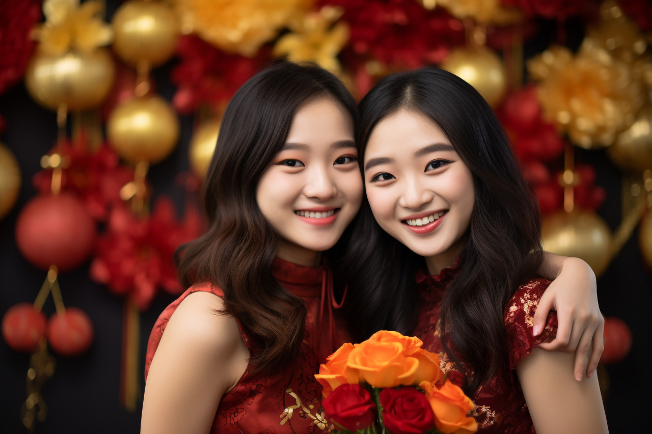 A photo of two happy asian girls celebrating chinese new year with a congratulatory gesture, happy new year image hd