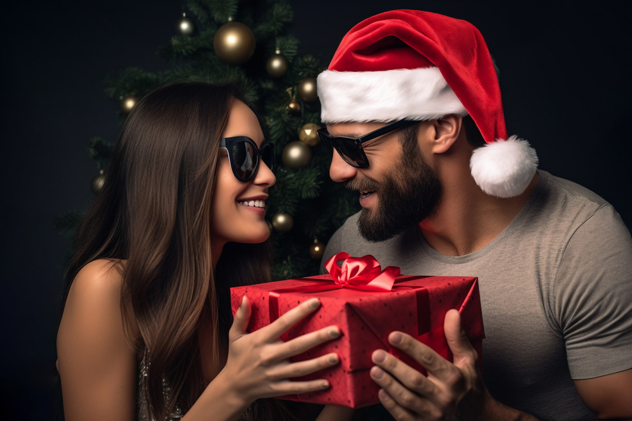 A photo of a man covering his girlfriends eyes while she gives him a romantic christmas gift, happy new year image