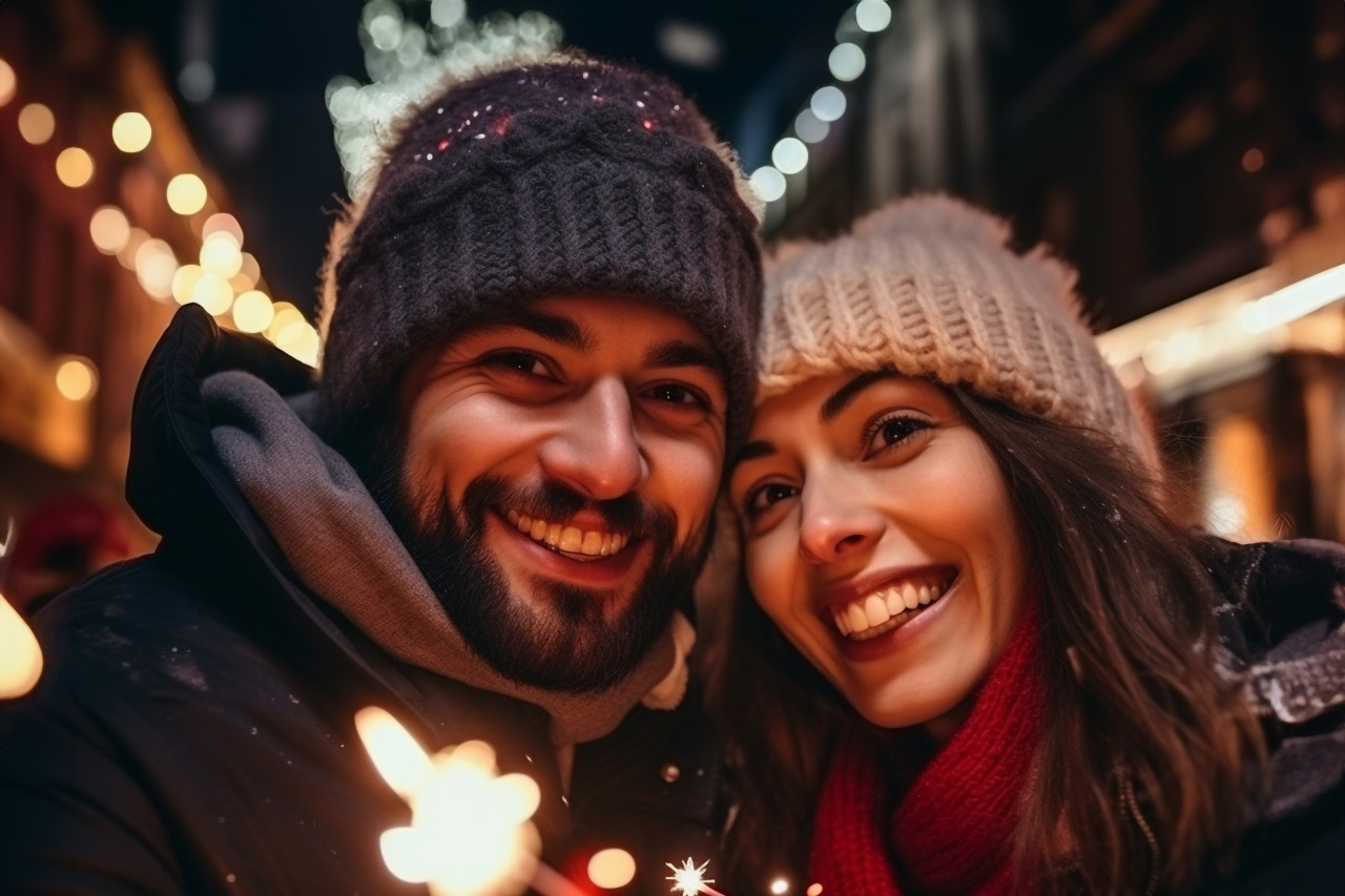 A cute couple is having fun in the city during christmas, happy new year image hd