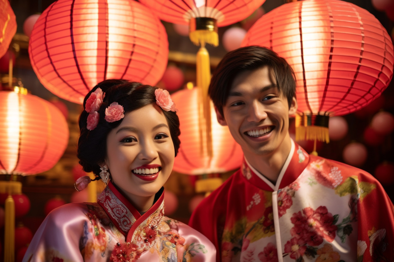 A photo of a young man and woman in traditional lunar new year clothes, holding paper lanterns, happy new year image