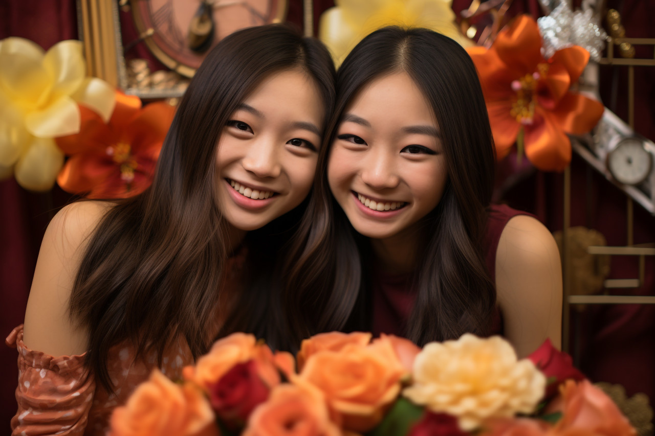 A photo of two happy asian girls celebrating chinese new year with a congratulatory gesture, happy new year image hd