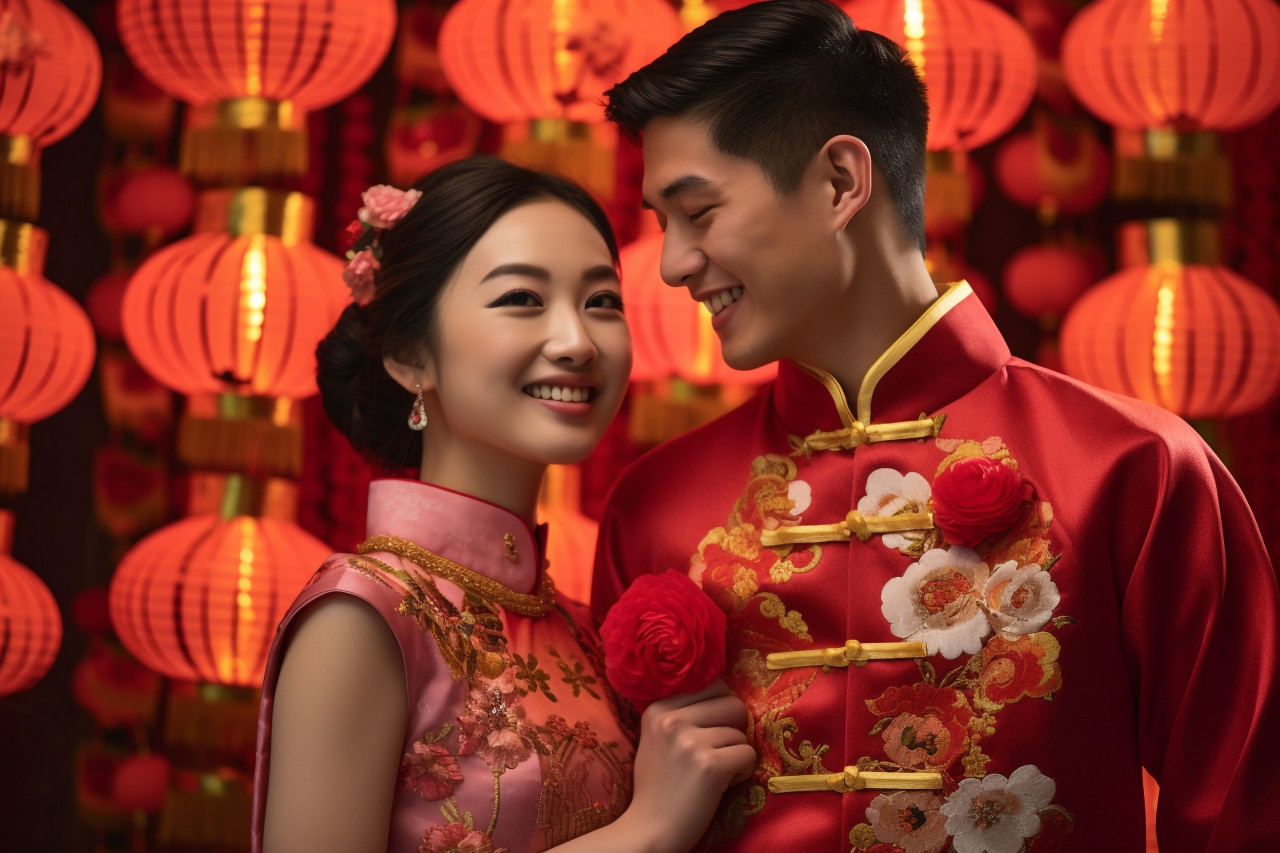 A photo of a young man and woman in traditional lunar new year clothes, holding paper lanterns, happy new year image