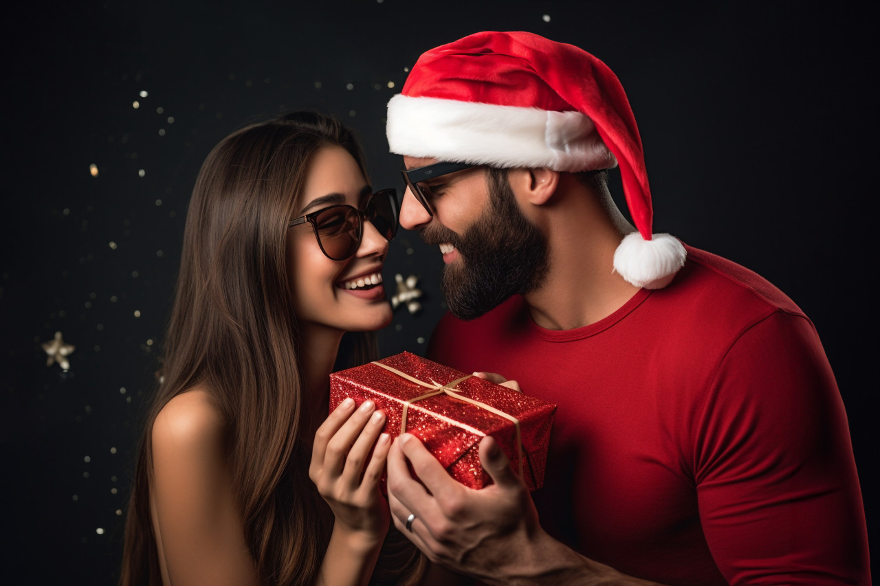 A photo of a man covering his girlfriends eyes while she gives him a romantic christmas gift, happy new year image
