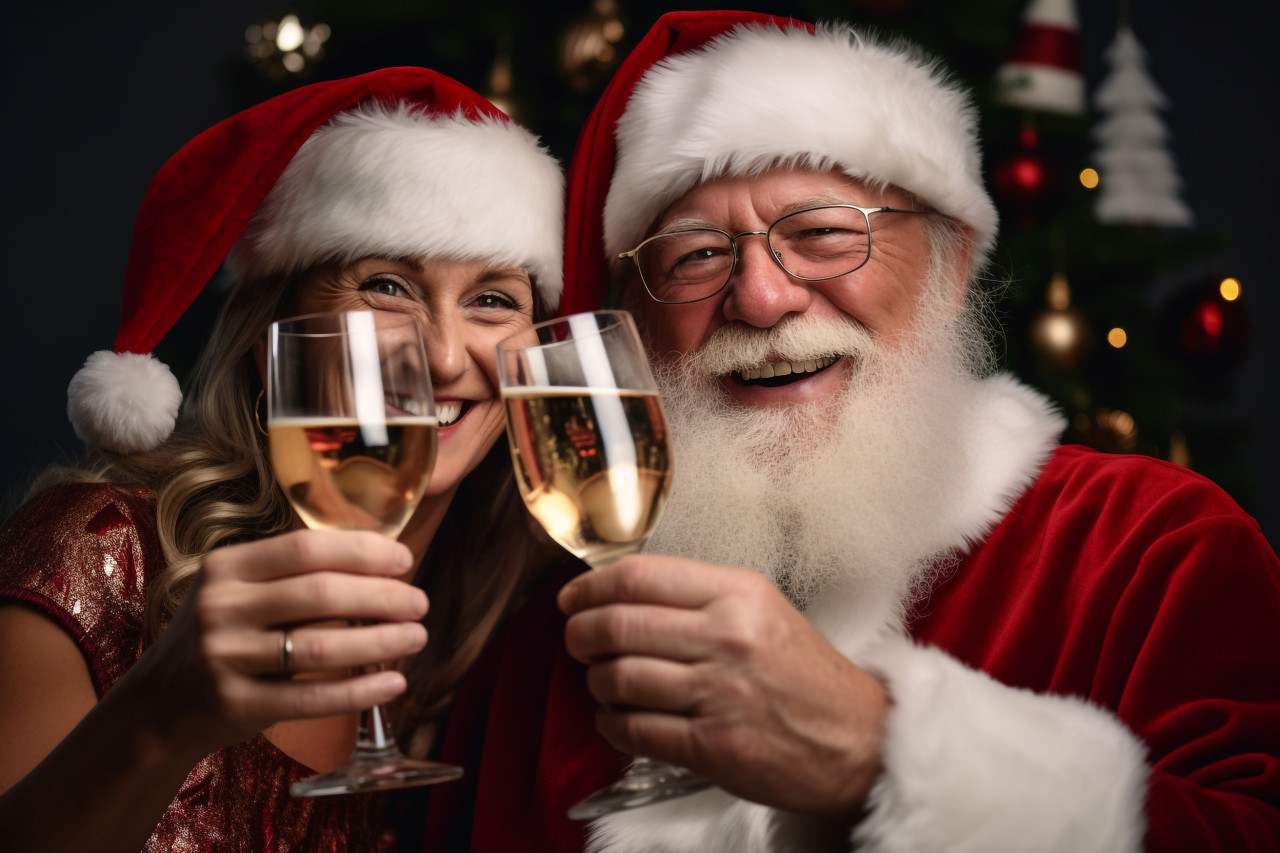 A close up photo of two people clinking glasses of champagne on christmas, happy new year image