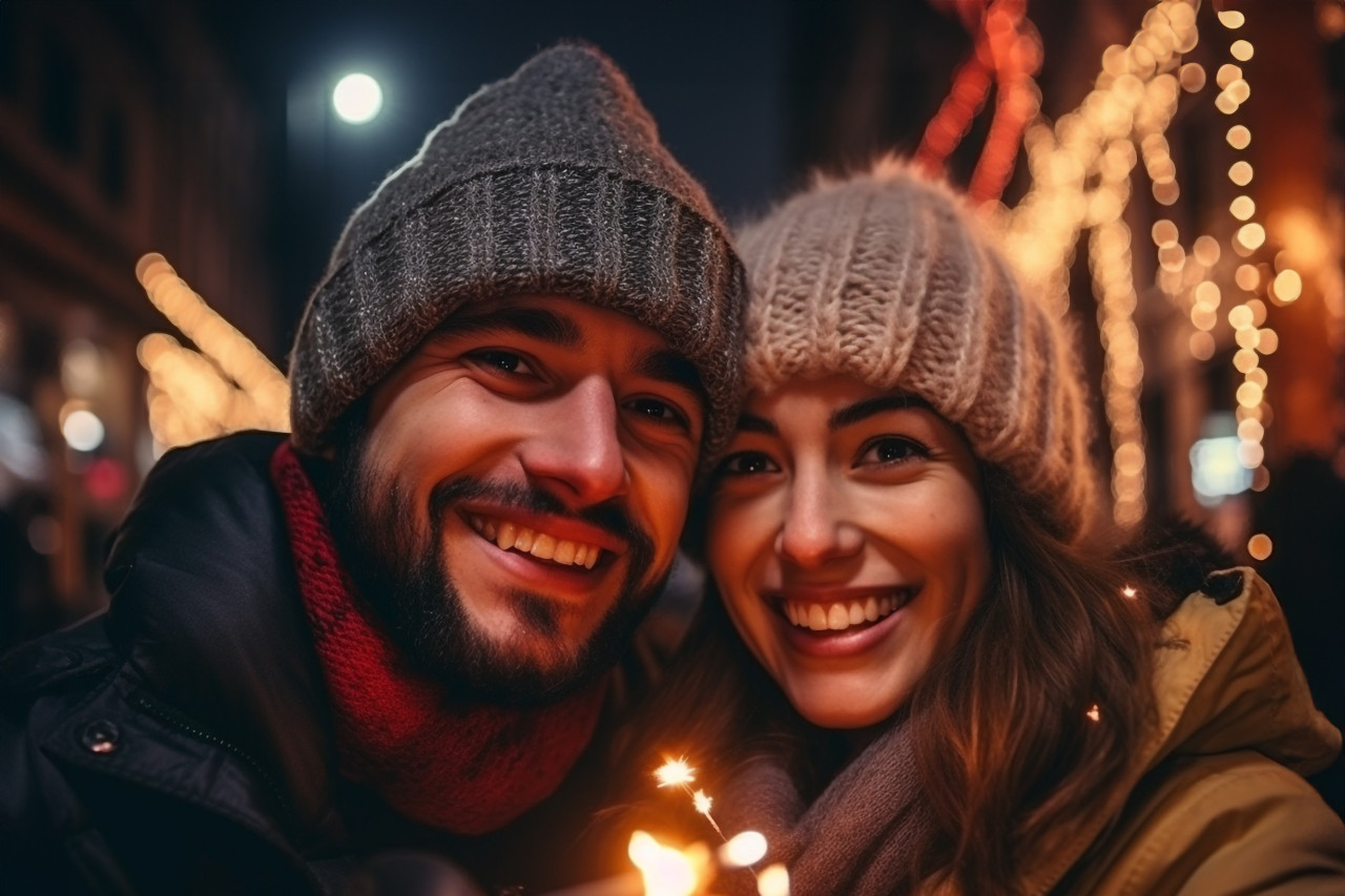 A cute couple is having fun in the city during christmas, happy new year image hd