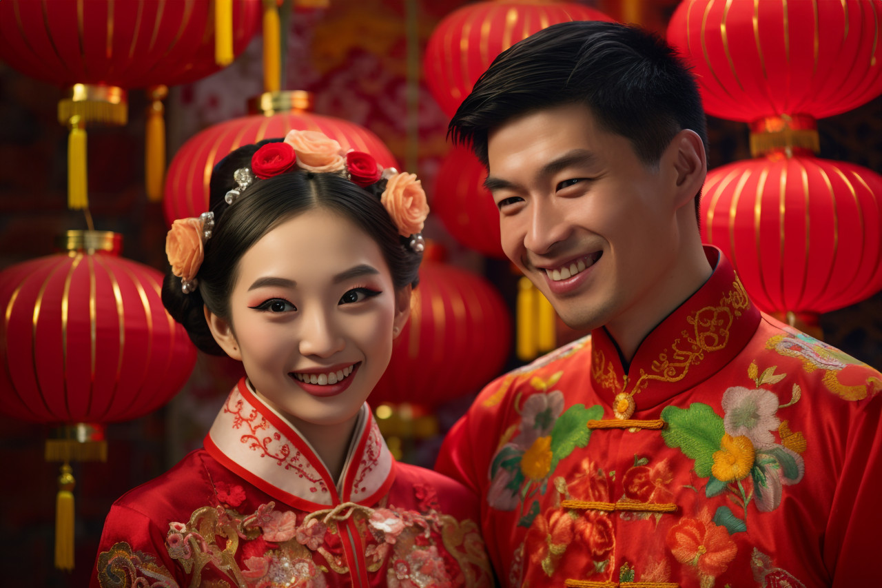 A photo of a young man and woman in traditional lunar new year clothes, holding paper lanterns, happy new year image