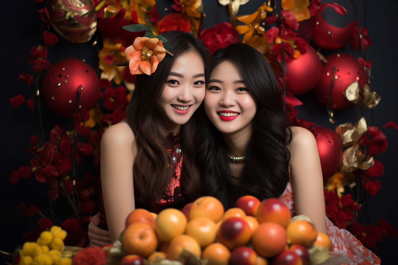 A photo of two happy asian girls celebrating chinese new year with a congratulatory gesture, happy new year image hd