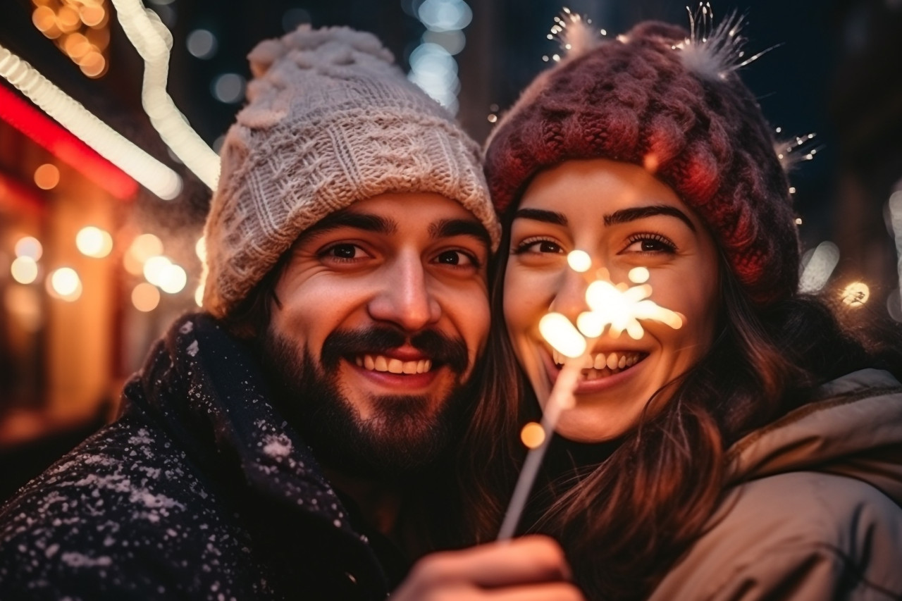 A cute couple is having fun in the city during christmas, happy new year image hd