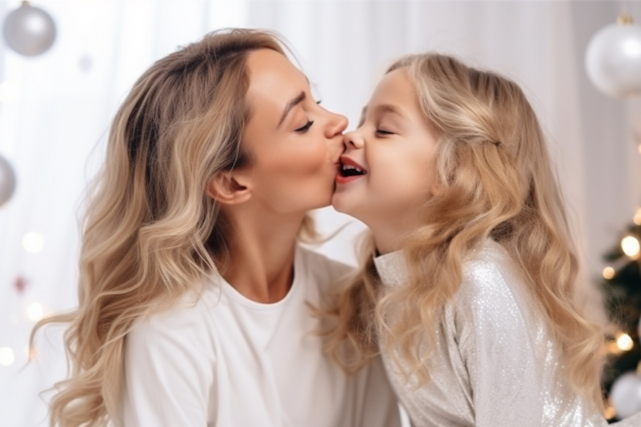 Photo of happy mother and daughter hugging and kissing near the christmas tree in a white room, happy new year image hd