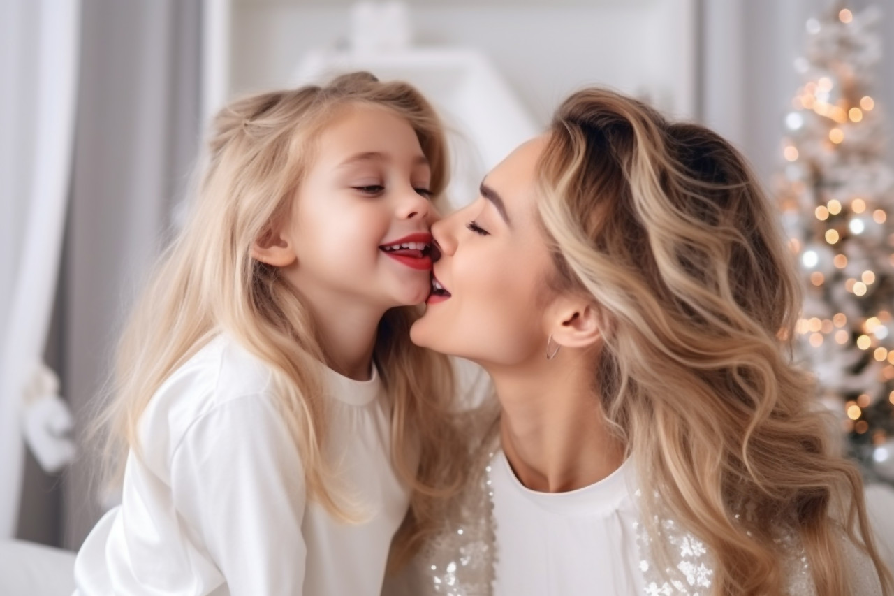 Photo of happy mother and daughter hugging and kissing near the christmas tree in a white room, happy new year image hd