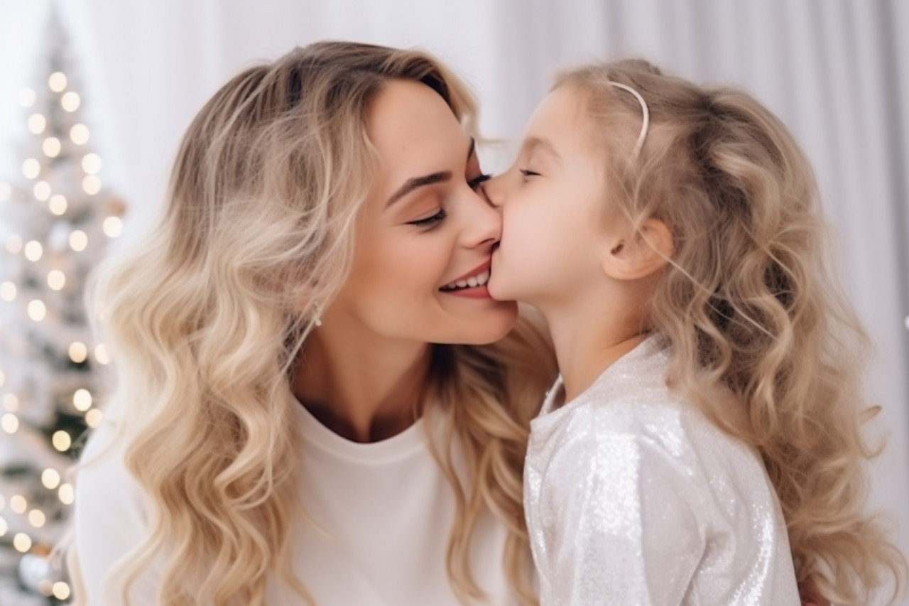 Photo of happy mother and daughter hugging and kissing near the christmas tree in a white room, happy new year image hd