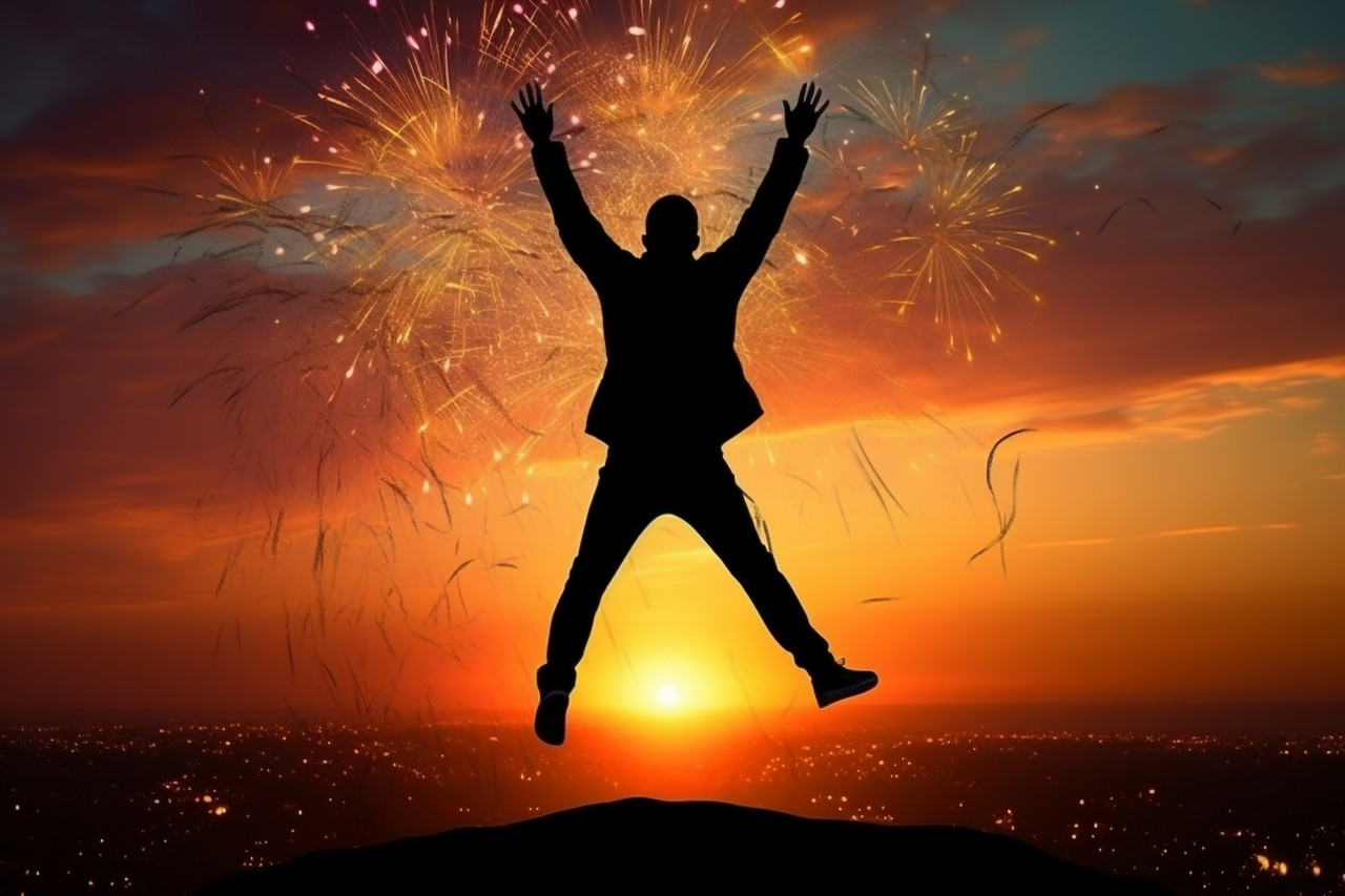 Silhouette photo of a man jumping between two years, with a sunset in the background, happy new year image hd