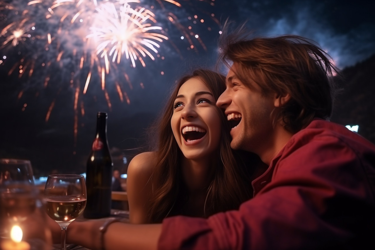 A picture of a young couple having fun at a new years eve party at night, happy new year image hd