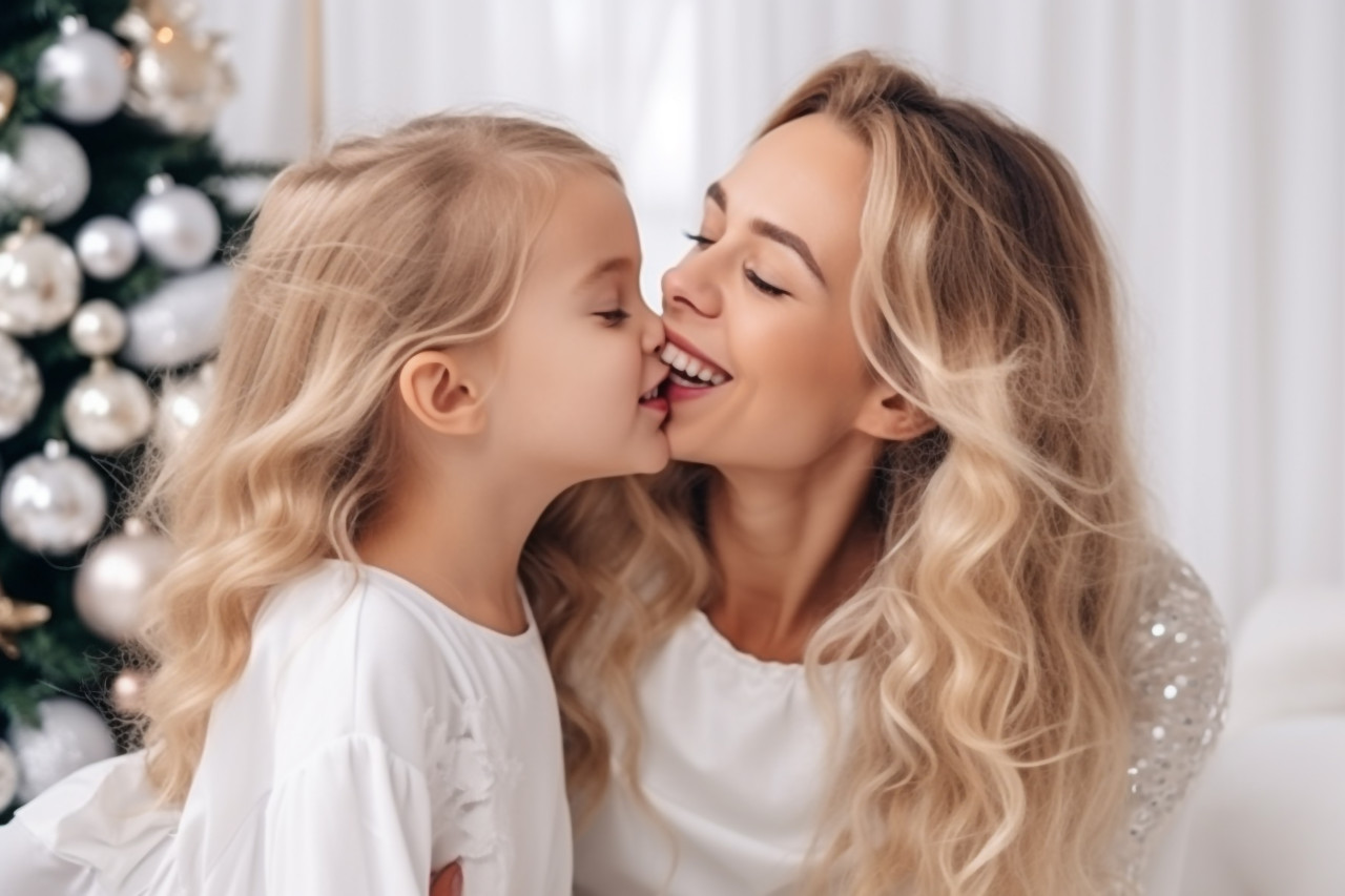 Photo of happy mother and daughter hugging and kissing near the christmas tree in a white room, happy new year image hd
