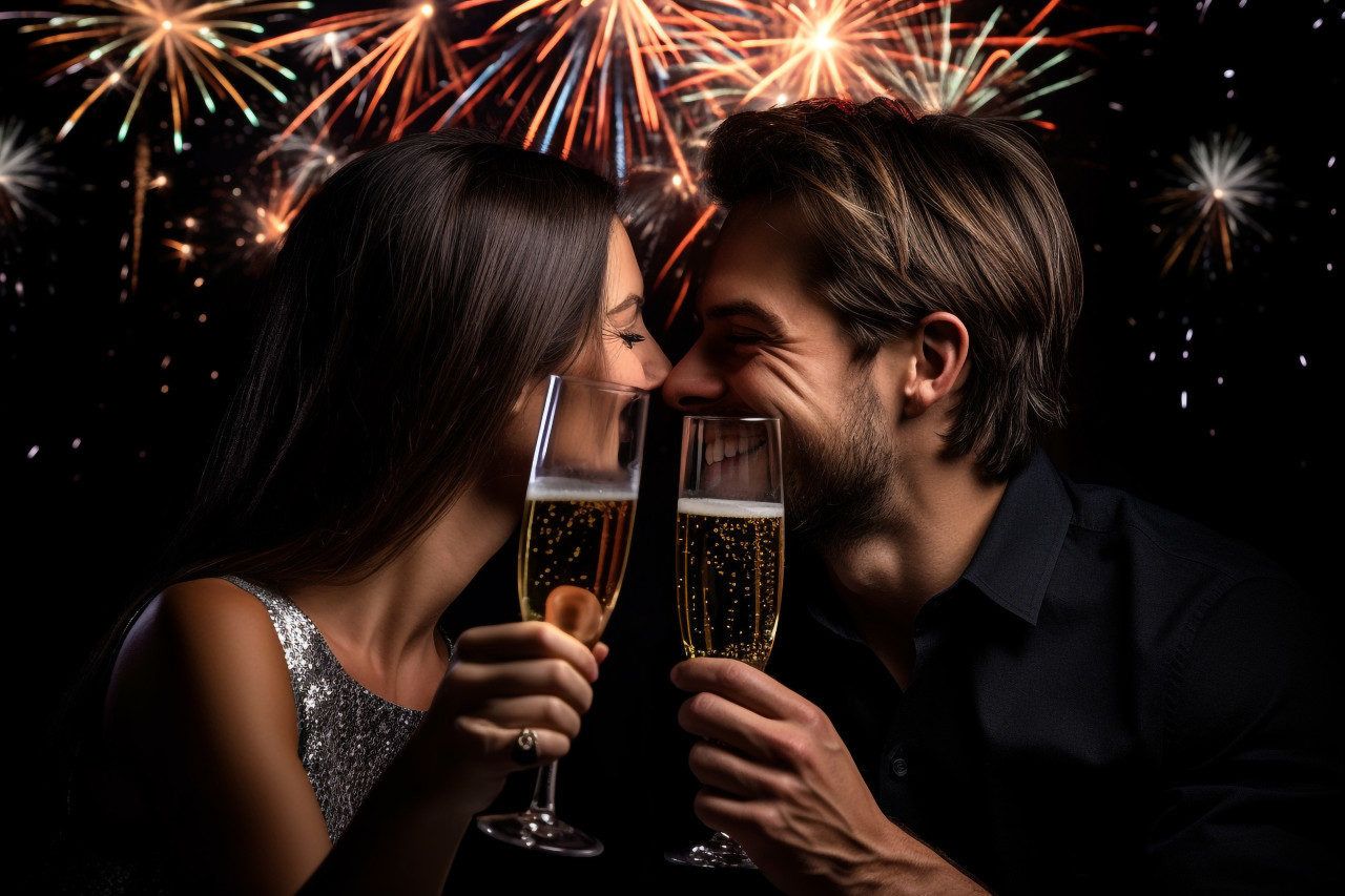 Two people holding glasses in front of a black background, happy new year image hd