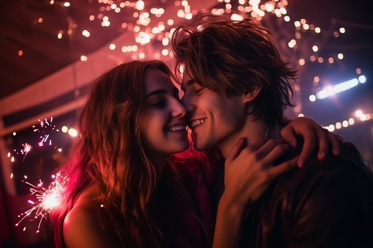 A picture of a young couple having fun at a new years eve party at night, happy new year image hd