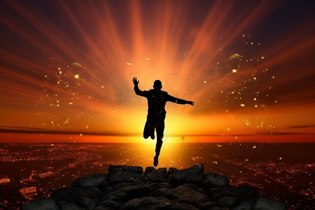 Silhouette photo of a man jumping between two years, with a sunset in the background, happy new year image hd