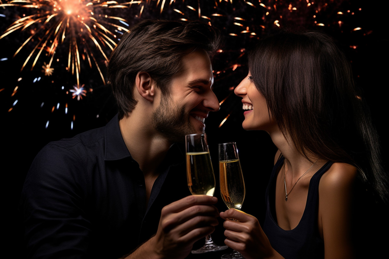 Two people holding glasses in front of a black background, happy new year image hd