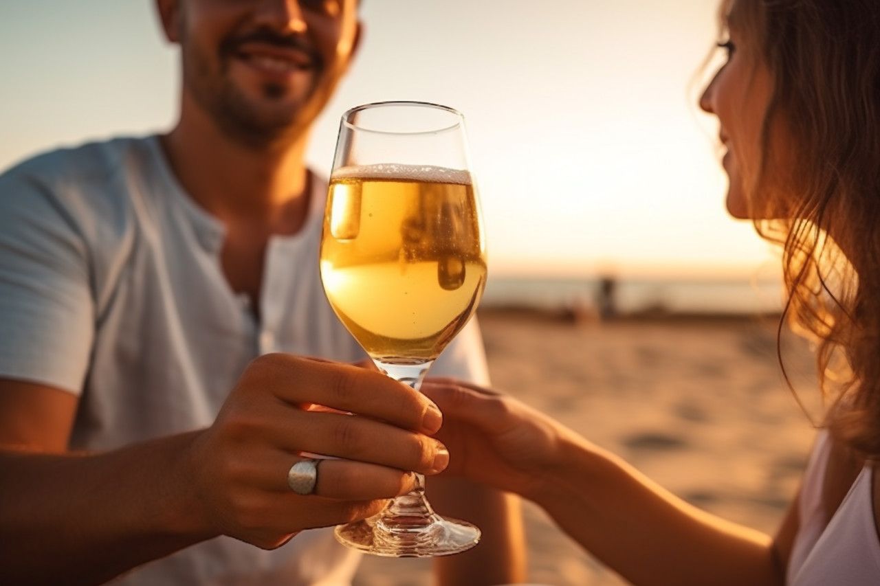 A photo of a couple in love celebrating their engagement on their honeymoon beach trip, happy new year image hd