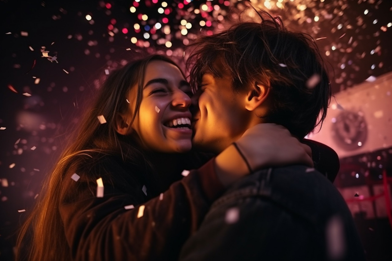 A picture of a young couple having fun at a new years eve party at night, happy new year image hd