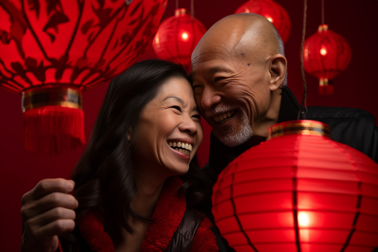 A picture of a couple having fun with a red chinese lantern, happy new year image hd