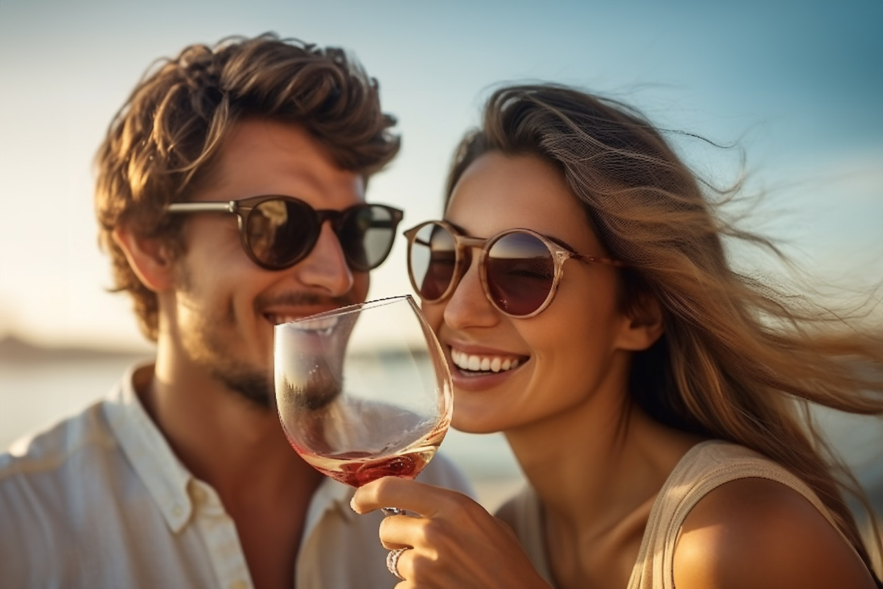 A photo of a couple in love celebrating their engagement on their honeymoon beach trip, happy new year image hd