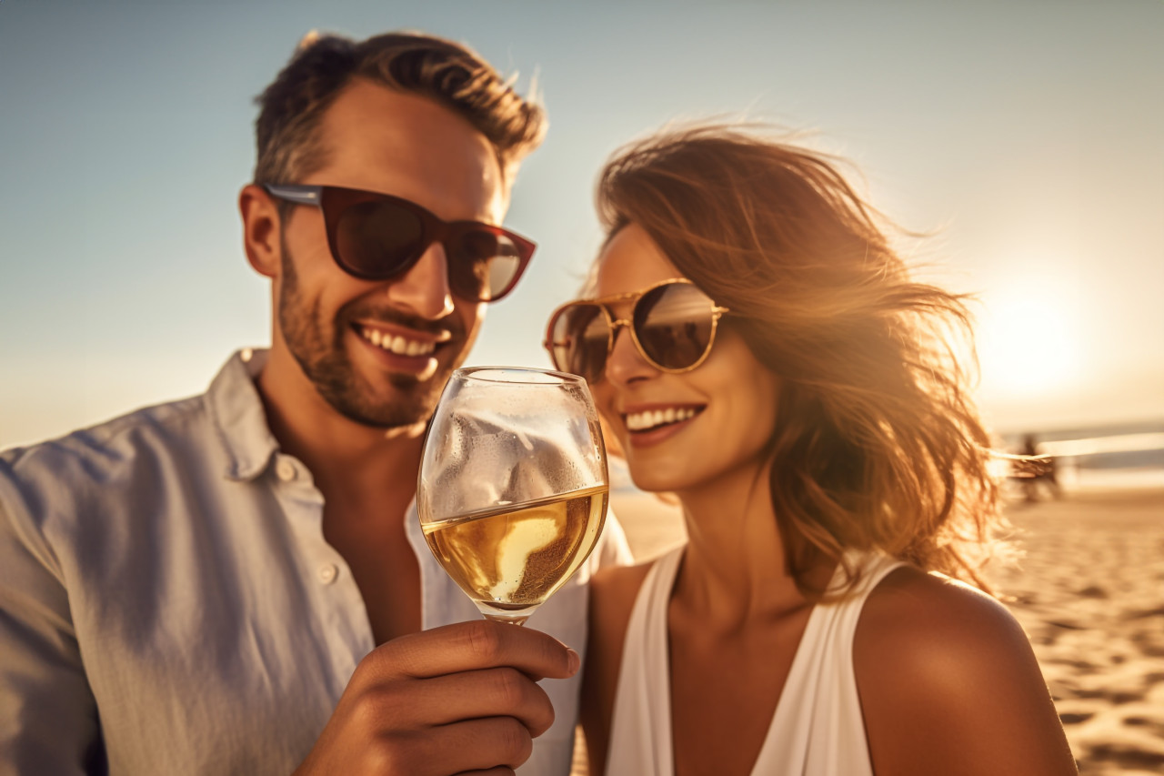 A photo of a couple in love celebrating their engagement on their honeymoon beach trip, happy new year image hd