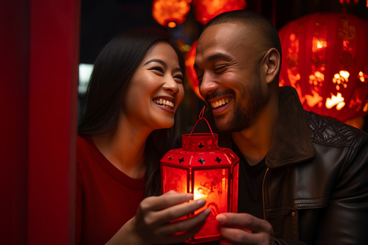 A picture of a couple having fun with a red chinese lantern, happy new year image hd