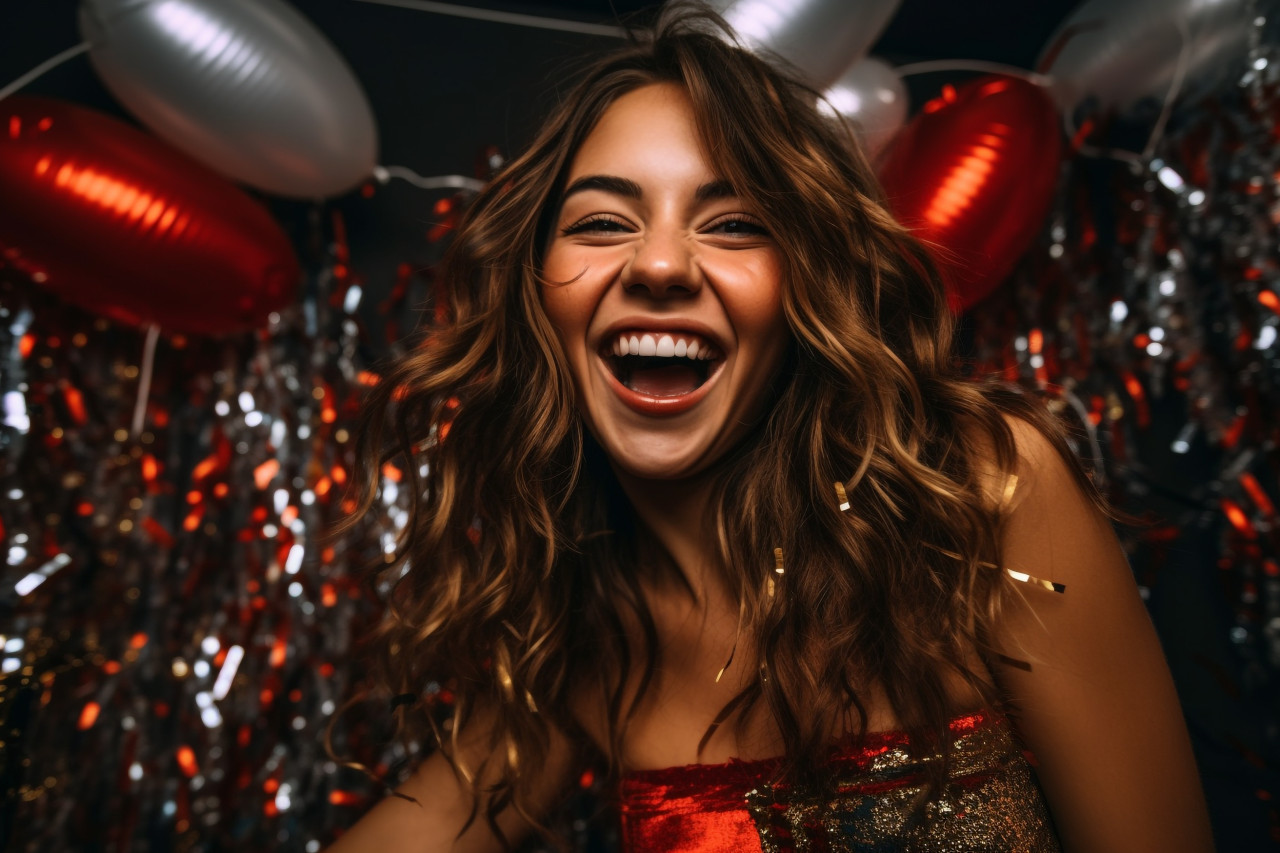 A happy young woman in a party dress is standing next to shiny foil decorations and having fun at a new years eve party, happy new year image hd