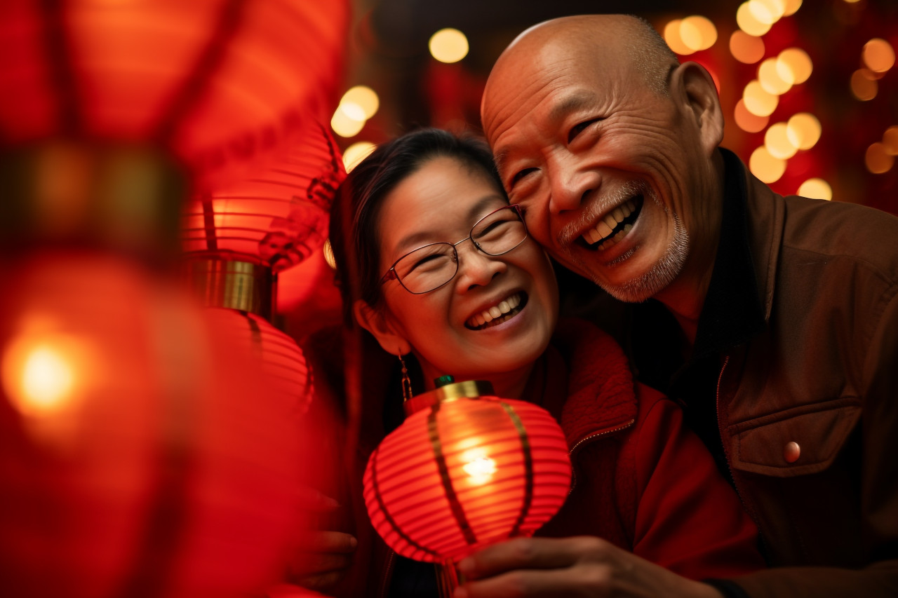 A picture of a couple having fun with a red chinese lantern, happy new year image hd