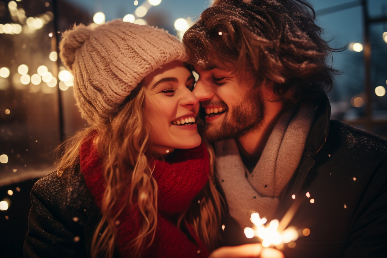 A young couple in love is enjoying themselves outside in the winter on new years day, happy new year image hd