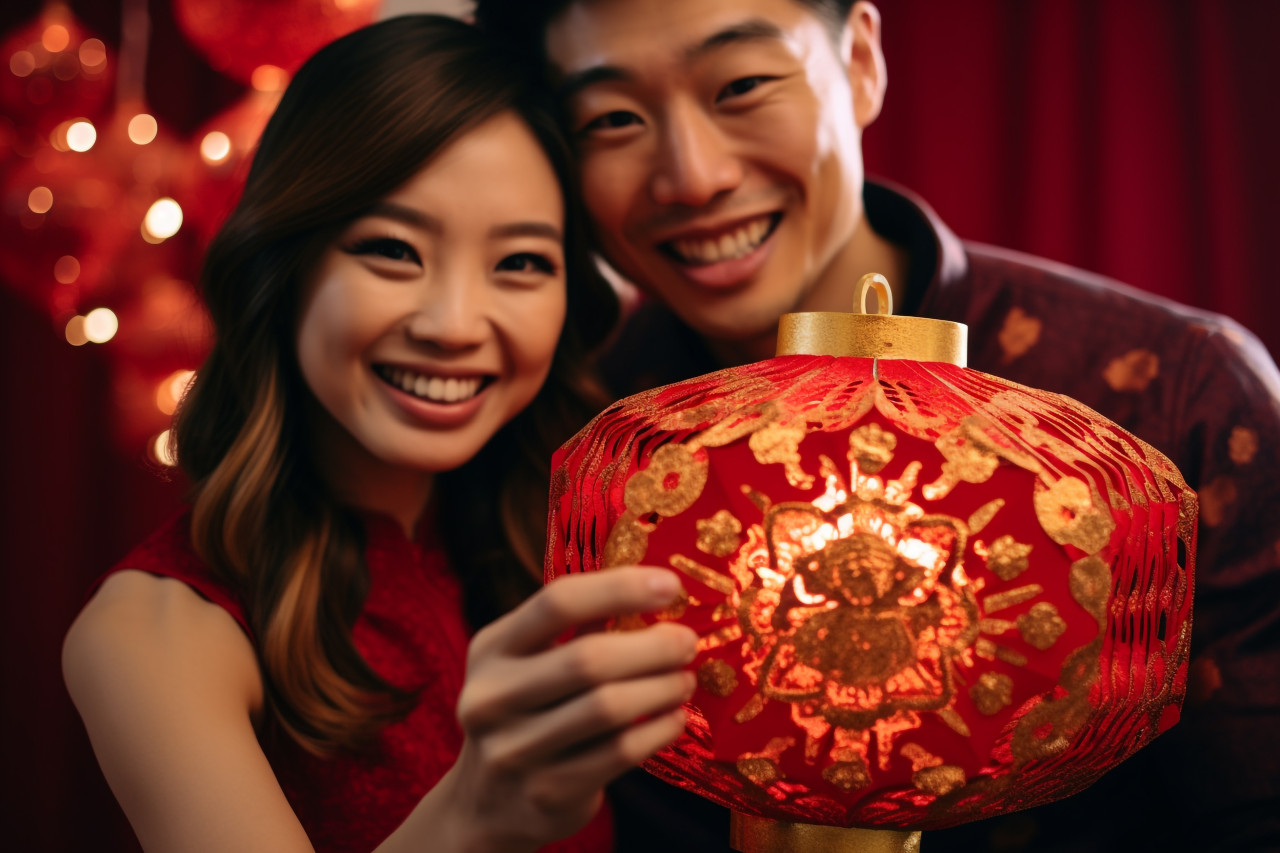 An asian girl is holding a chinese new year lantern in a decorated apartment, happy new year image hd