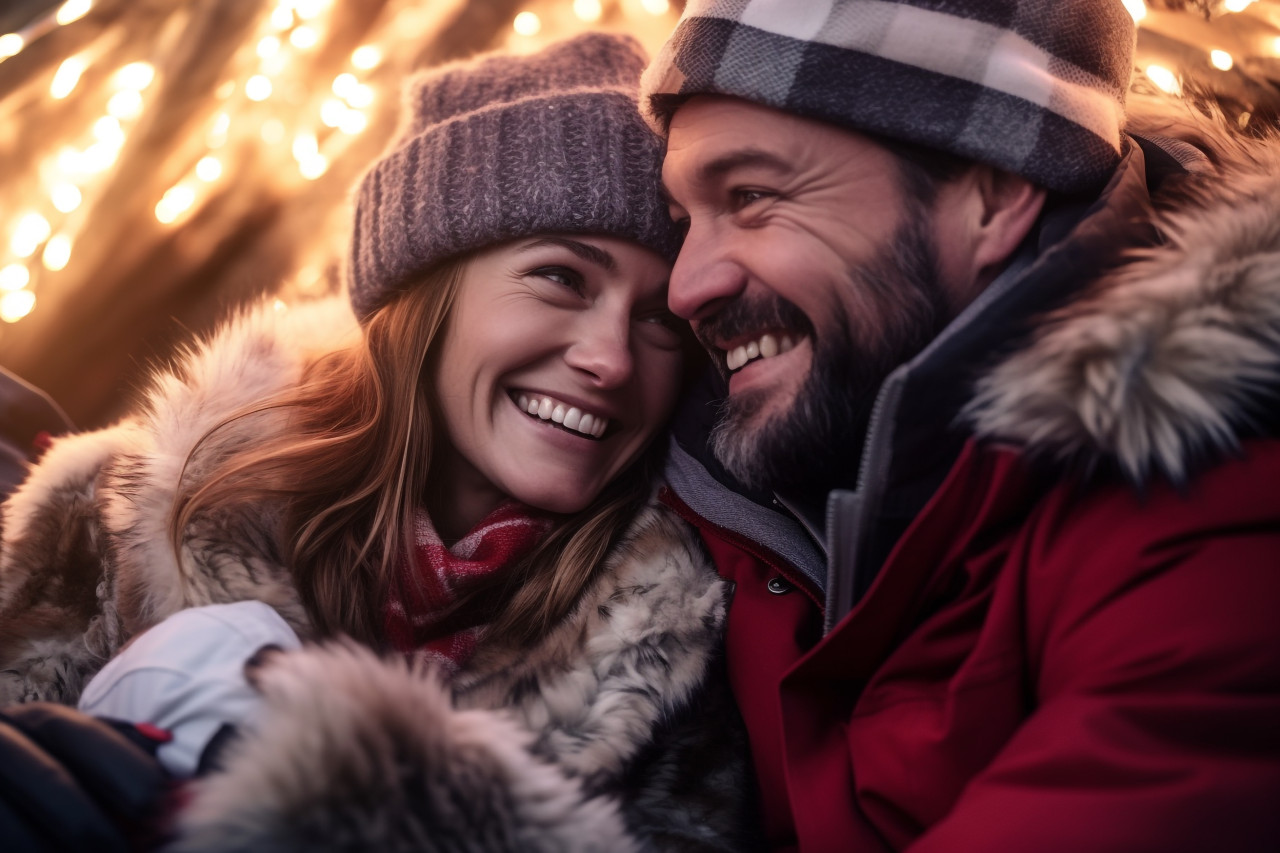 A photo of a photo of two happy and calm friends hugging and looking at each other in the christmas spirit, happy new year image hd