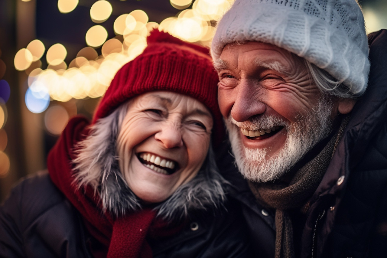A photo of a photo of two happy and calm friends hugging and looking at each other in the christmas spirit, happy new year image hd